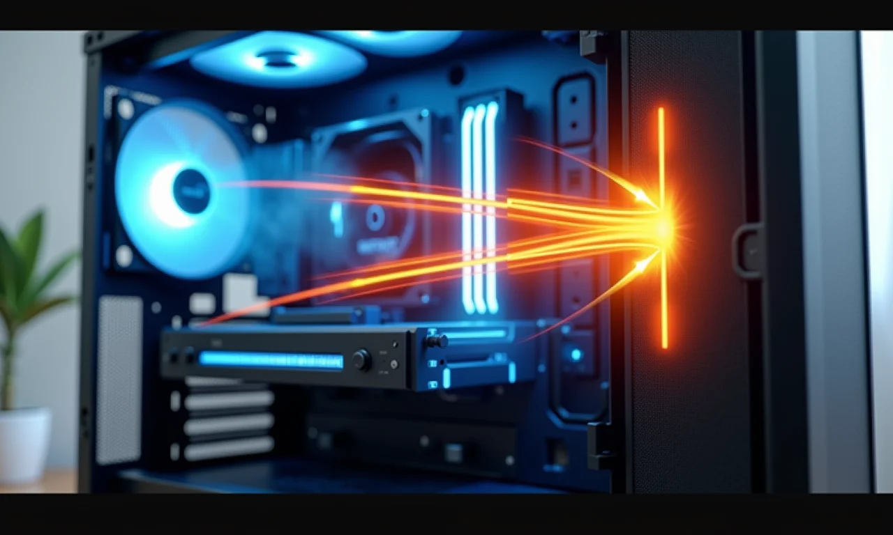 Demonstração visual da direção do fluxo de ar dentro de um gabinete de PC.