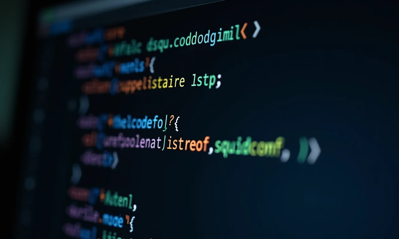 Desenvolvedor configurando o arquivo squid.conf em um monitor.