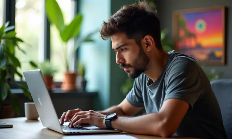 Desenvolvedor criando filtros de AR para Instagram e TikTok em um laptop potente.