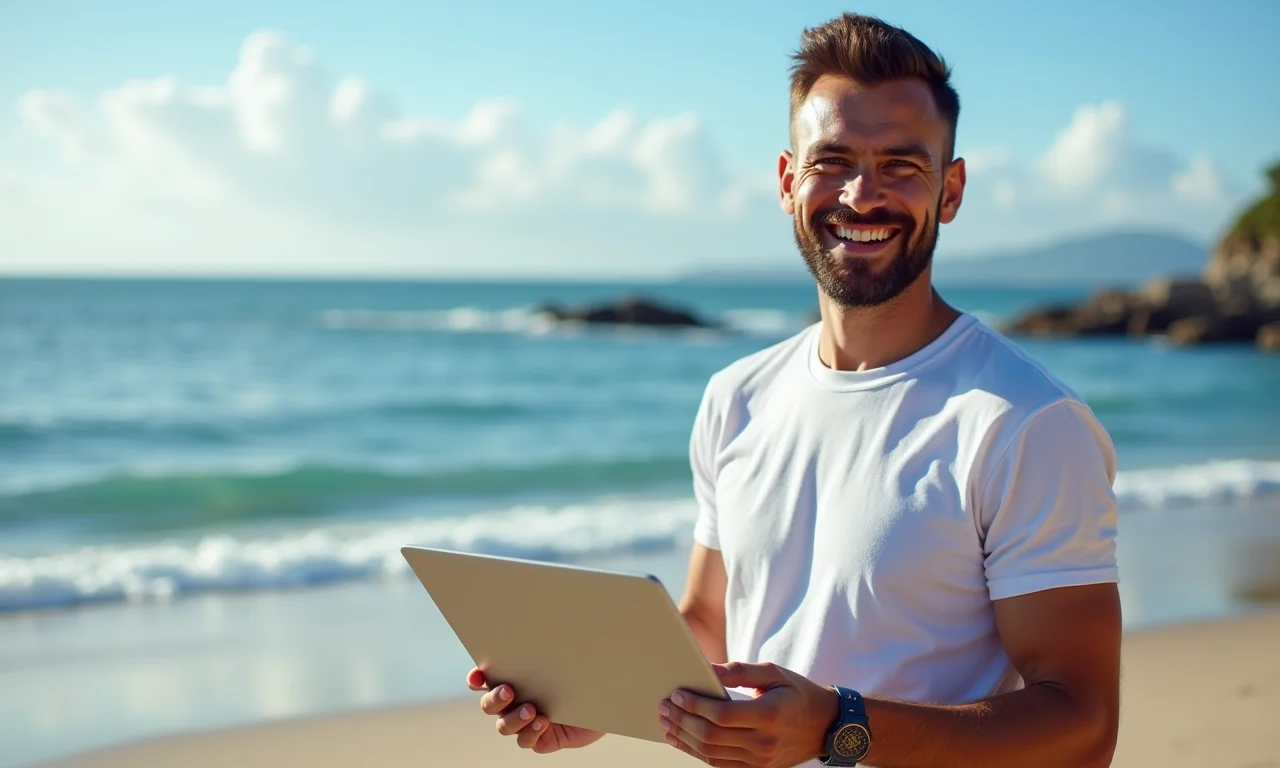 Desenvolvedor sorrindo ao otimizar SEO de um site com Nuxt.js, praia brasileira ao fundo.