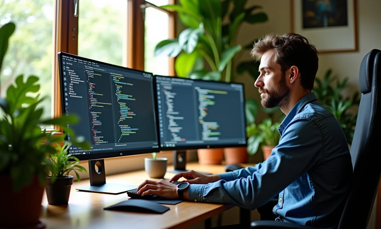 Desenvolvedor web trabalhando em casa com múltiplos monitores e foco na CPU.