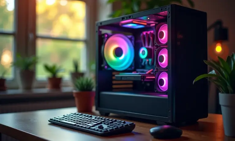 Desktop PC rodando Linux, com foco no cooler do processador em ambiente de escritório vibrante.