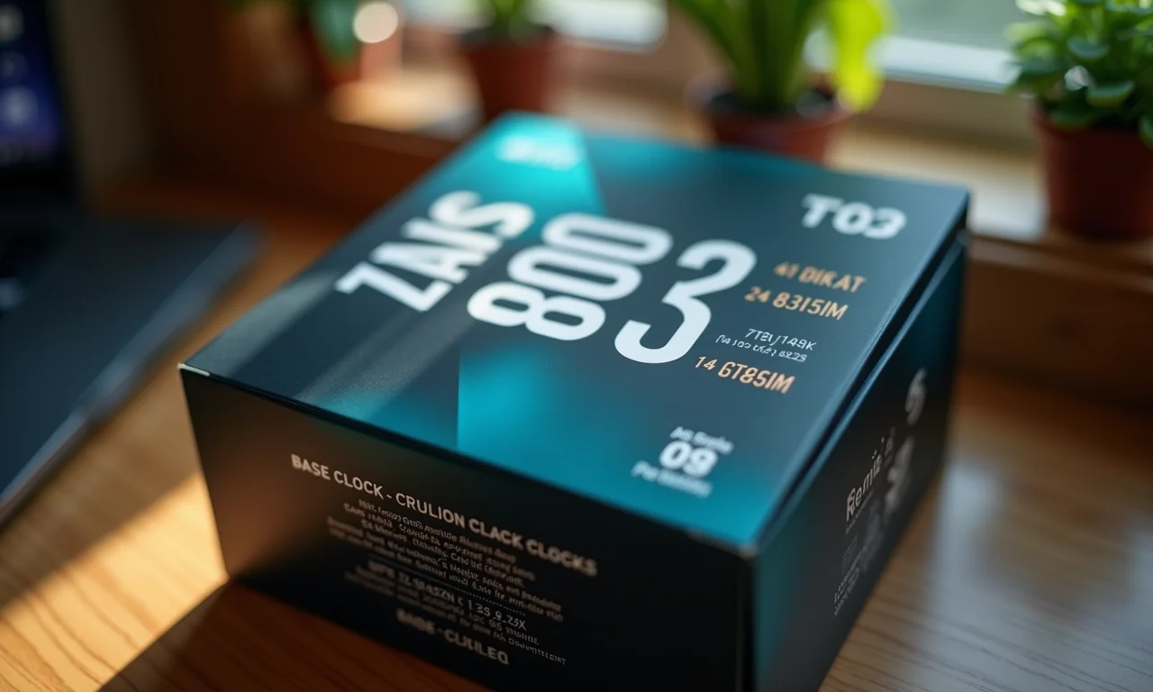 Detalhe da caixa de um processador mostrando as especificações de clock base e clock boost.