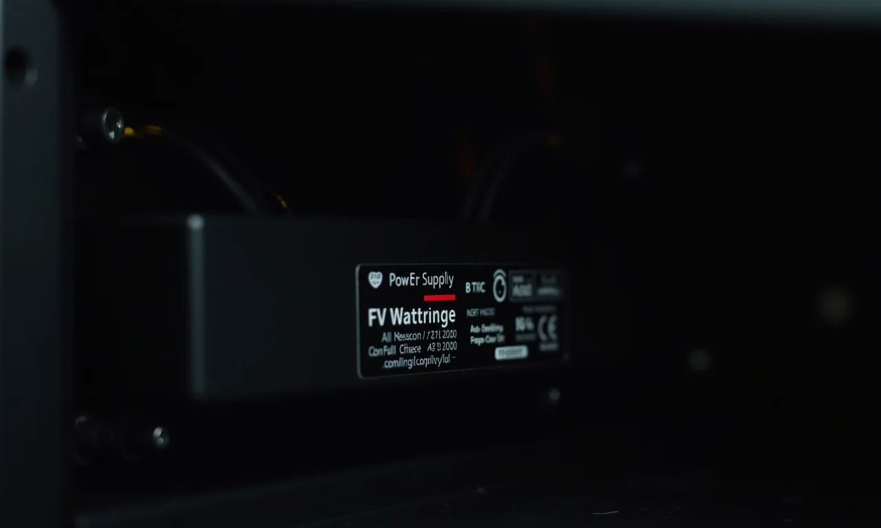 Detalhe da etiqueta de uma fonte de PC mostrando a potência (Watts).