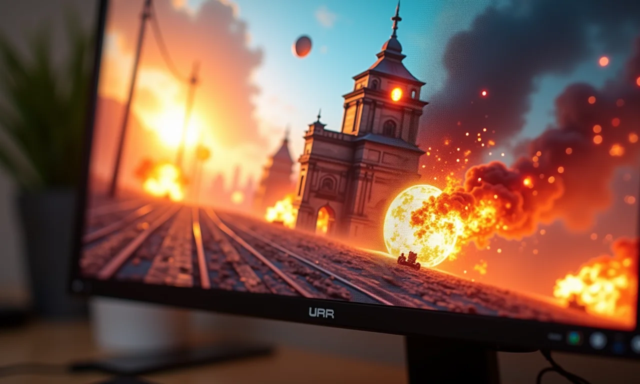 Detalhe de explosões e cores vibrantes em jogo exibido em monitor HDR.