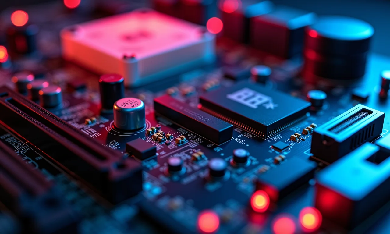 Detalhe de placa-mãe com componentes eficientes e dissipador de calor em foco.