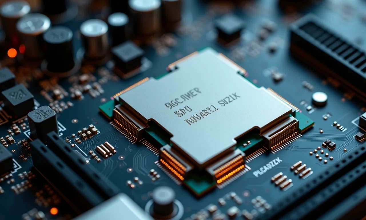 Detalhe de placa mãe com o processador em destaque.