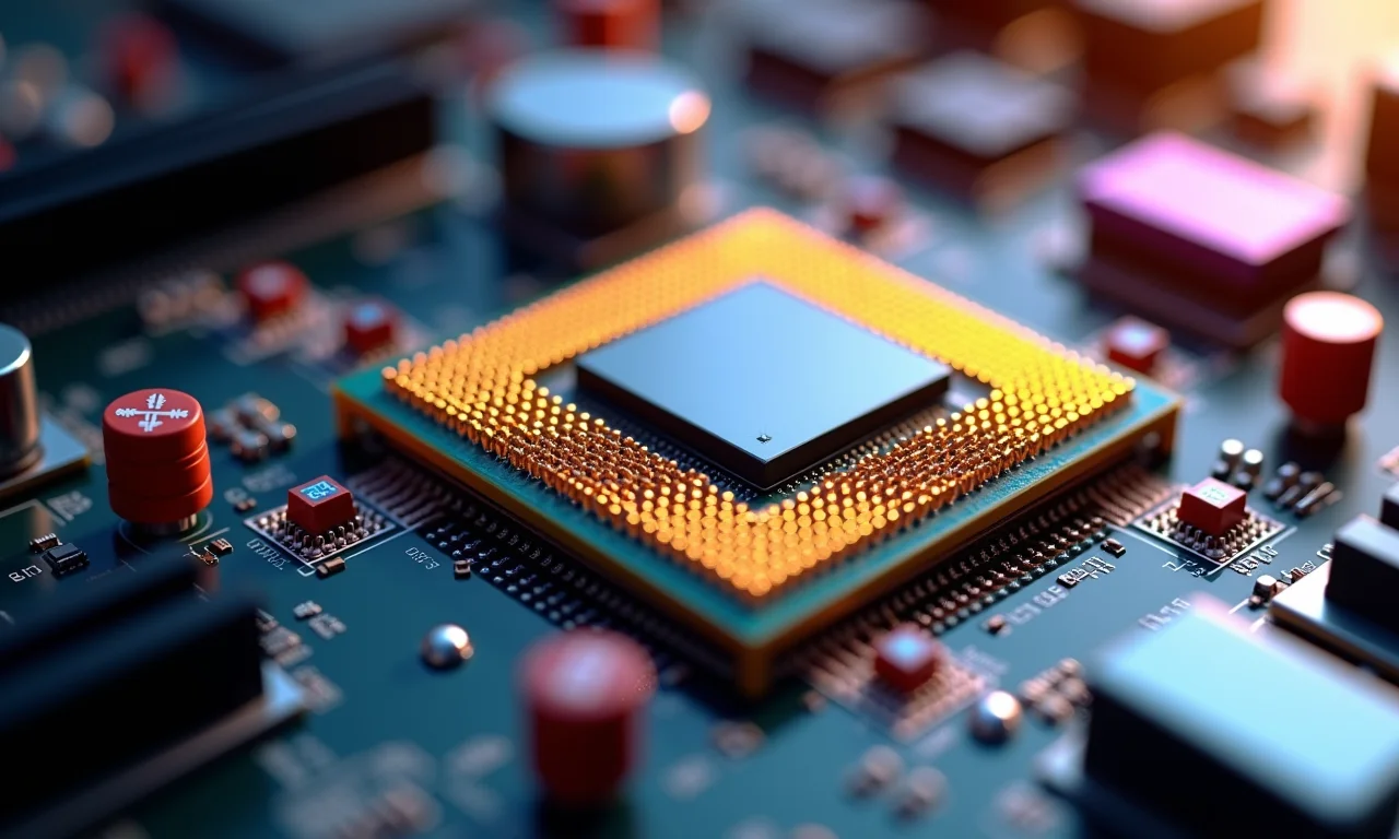 Detalhe de um chip de CPU (processador) de alta performance em uma placa-mãe moderna.