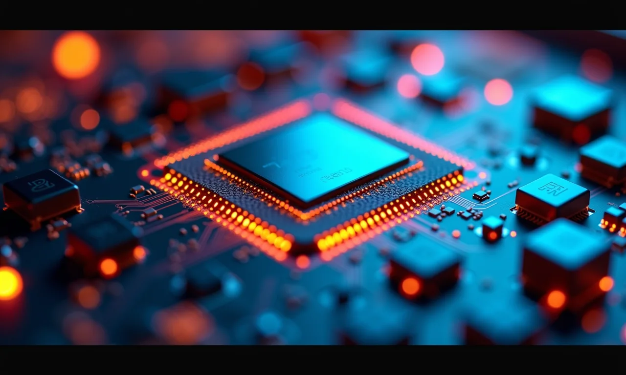 Detalhe de um chip de processador de última geração com design intrincado e reflexos vibrantes.