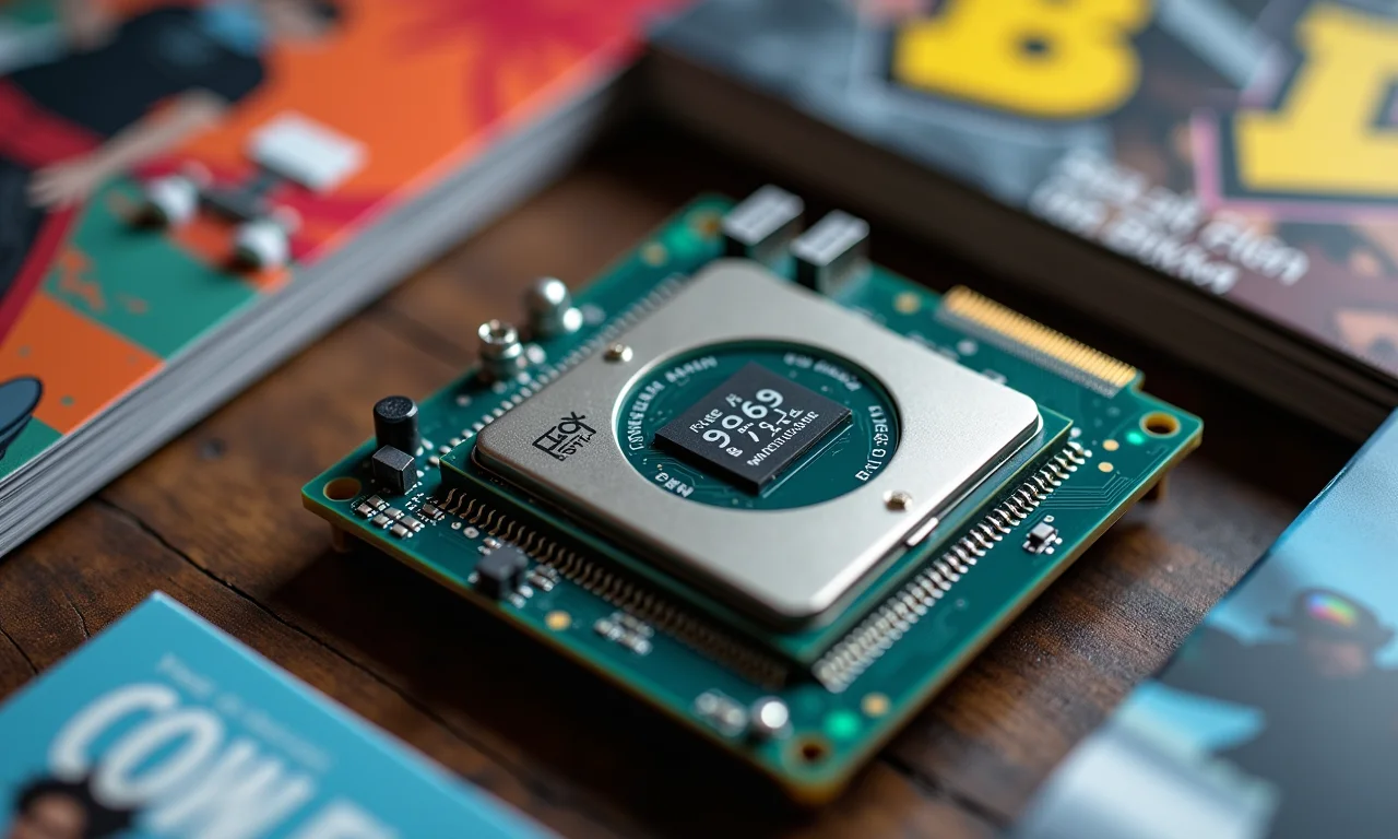 Detalhe de um processador com a velocidade do clock exibida, cercado por revistas e equipamentos de skate.