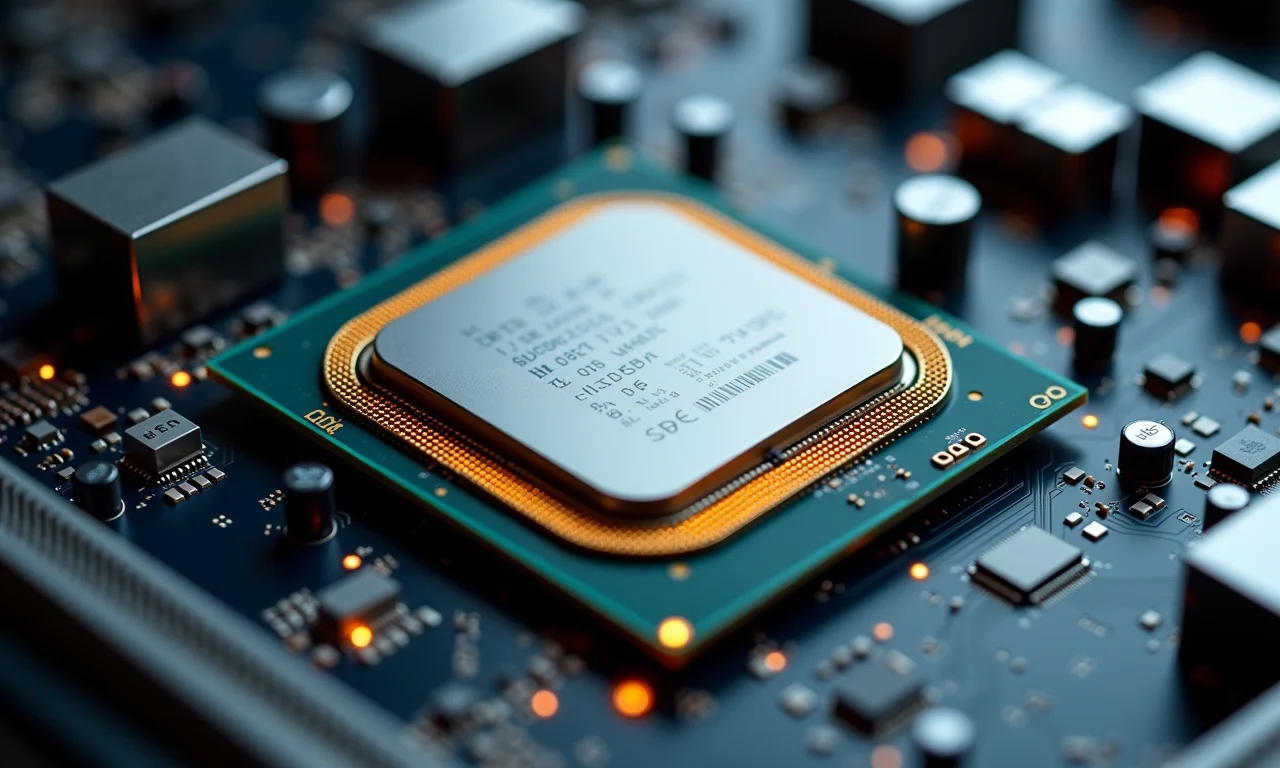 Detalhe de um processador moderno em uma placa-mãe, destacando a importância para a edição multicâmera.