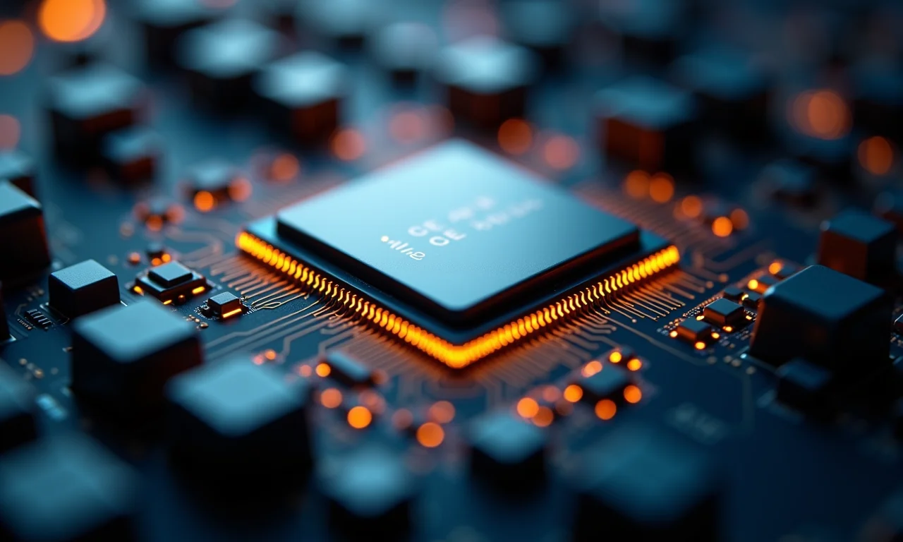 Detalhe de um processador moderno mostrando velocidade de clock e núcleos.