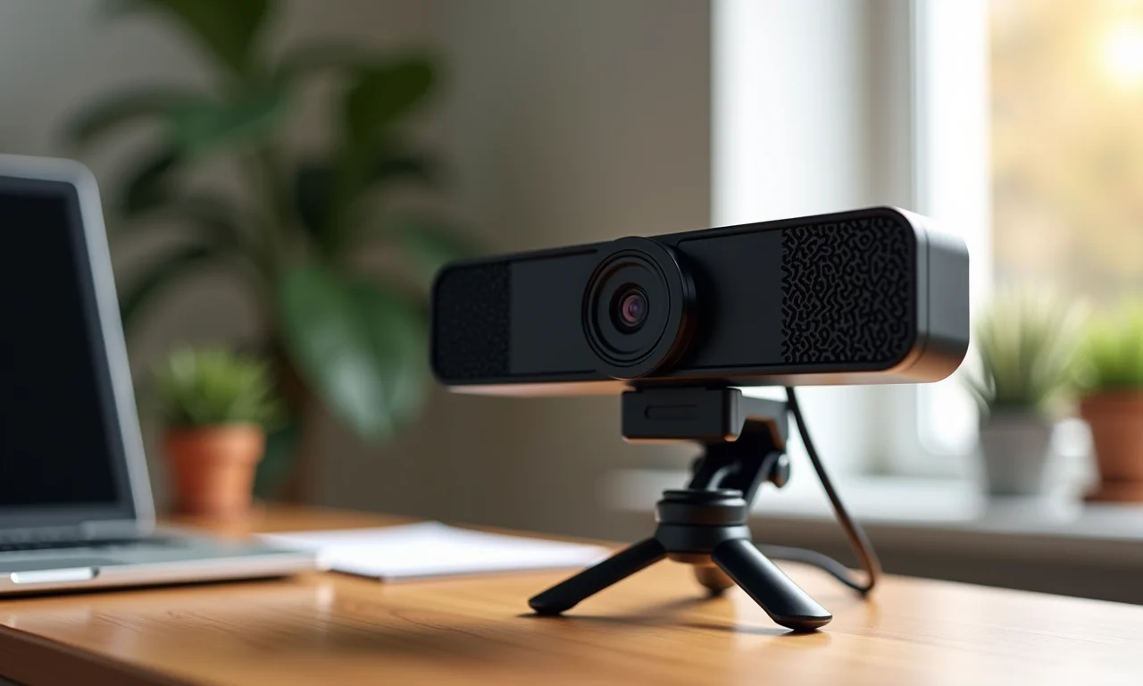Detalhe de uma webcam fixada em um tripé, mostrando estabilidade em uma mesa de madeira.