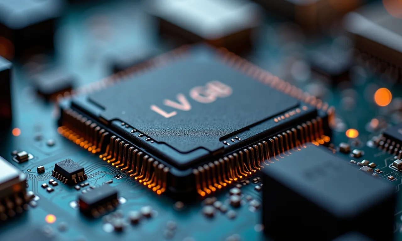 Detalhe do chip encoder de vídeo em uma placa gráfica de alta resolução.