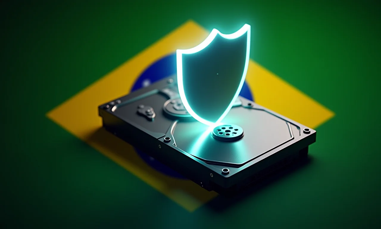 Disco rígido com escudo protetor simbolizando backup de dados.