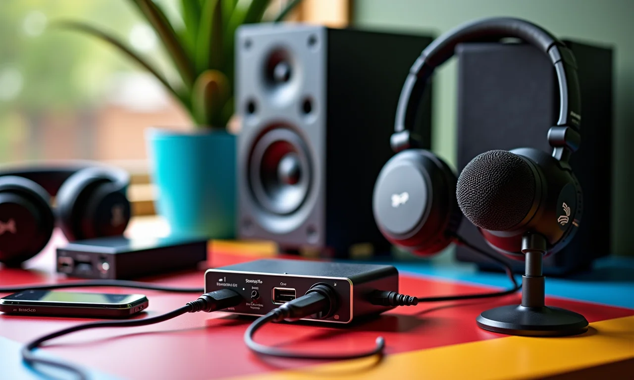 Diversos dispositivos de áudio conectados a uma placa de som USB.