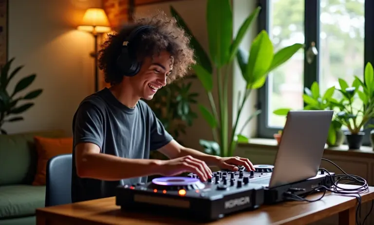 DJ brasileiro mixando música em software de DJ no PC em apartamento colorido.