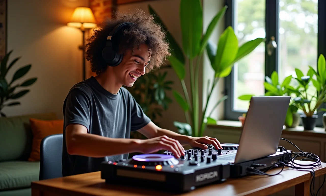 DJ brasileiro mixando música em software de DJ no PC em apartamento colorido.