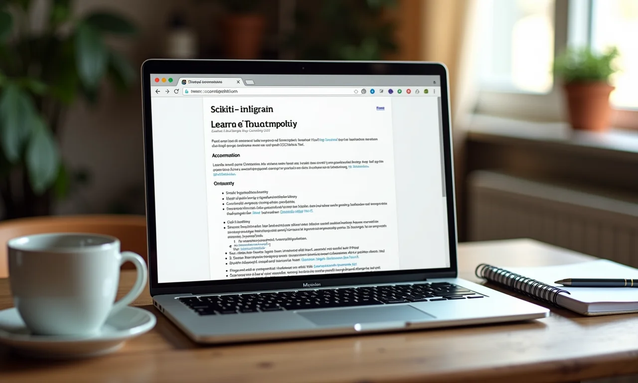 Documentação do Scikit-learn aberta em laptop, com café e caderno ao lado.