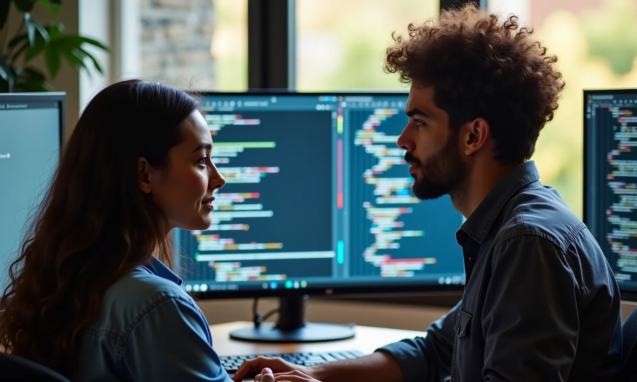 Dois desenvolvedores preparando o ambiente de trabalho para a revisão de código.