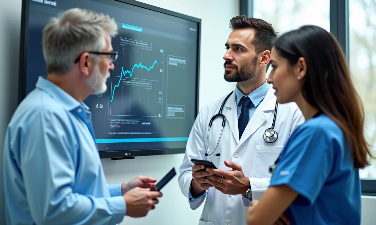 Dois médicos colaborando e analisando prontuário eletrônico em monitor.