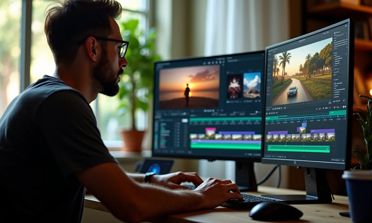 Editor de vídeo trabalhando com footage 8K em workstation Ryzen 9 7900X, renderização rápida.
