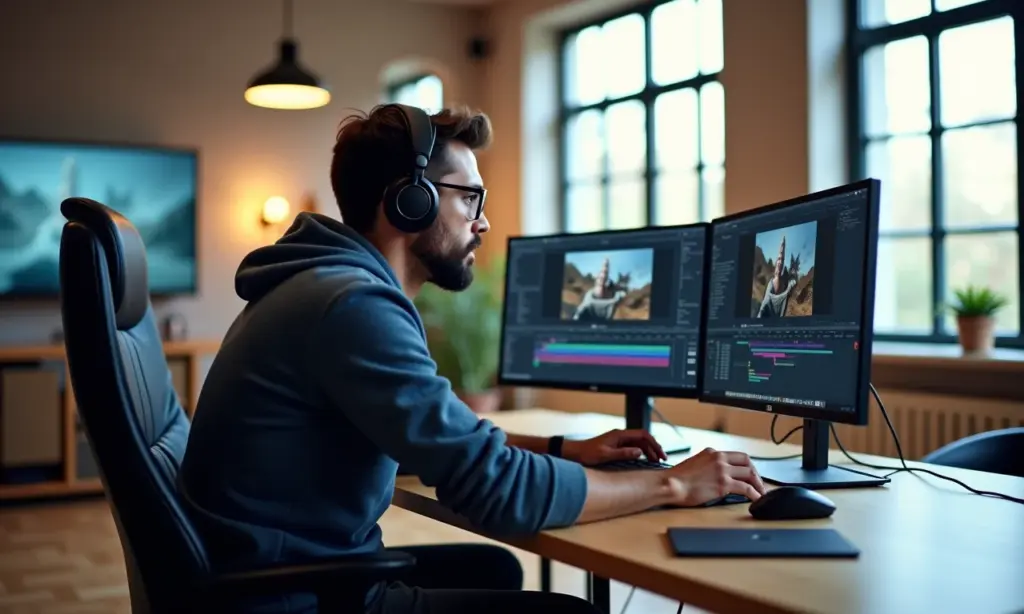 Editor de vídeo trabalhando em Adobe Premiere Pro num estúdio moderno e bem iluminado.