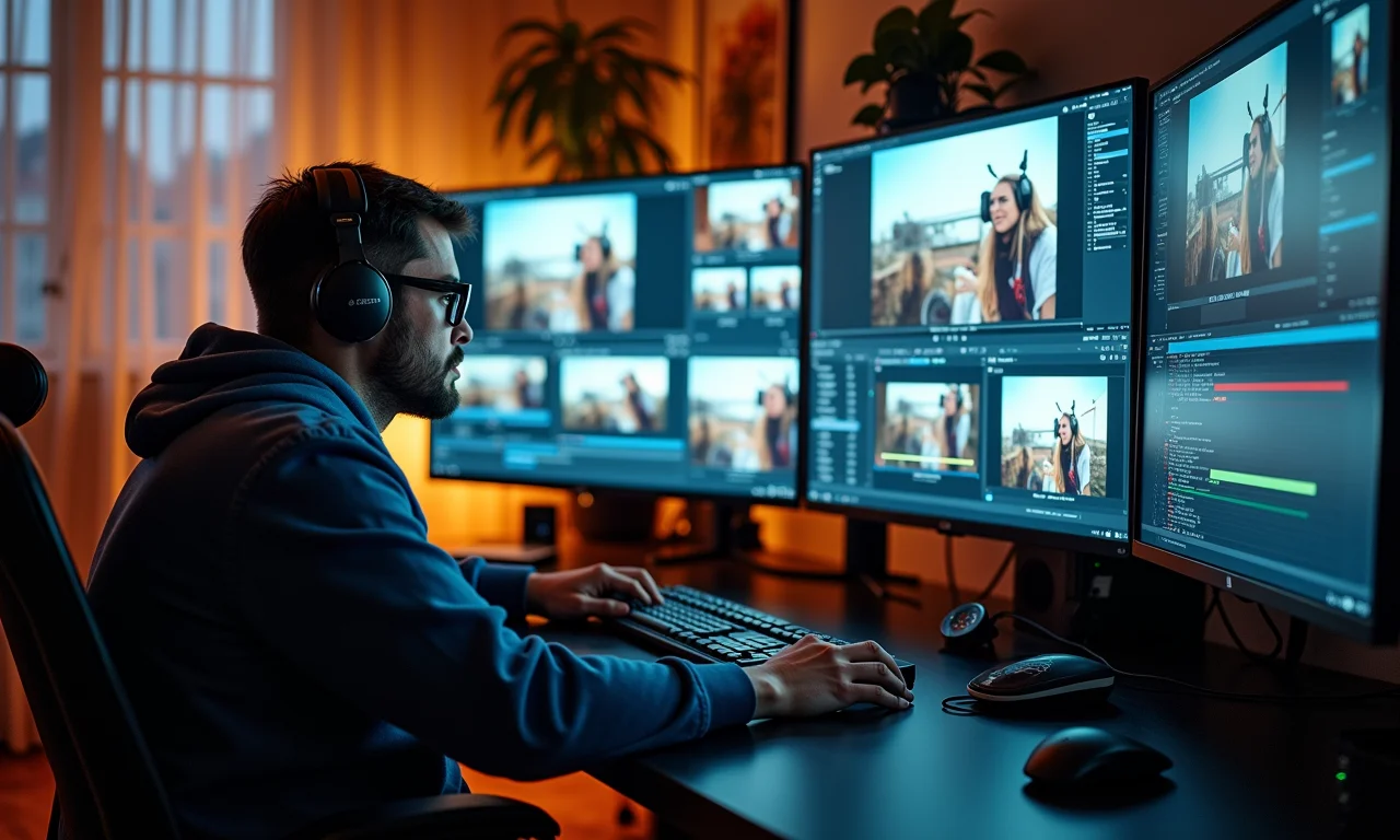 Editor de vídeo trabalhando em sincronização multicâmera em uma estação de trabalho moderna.