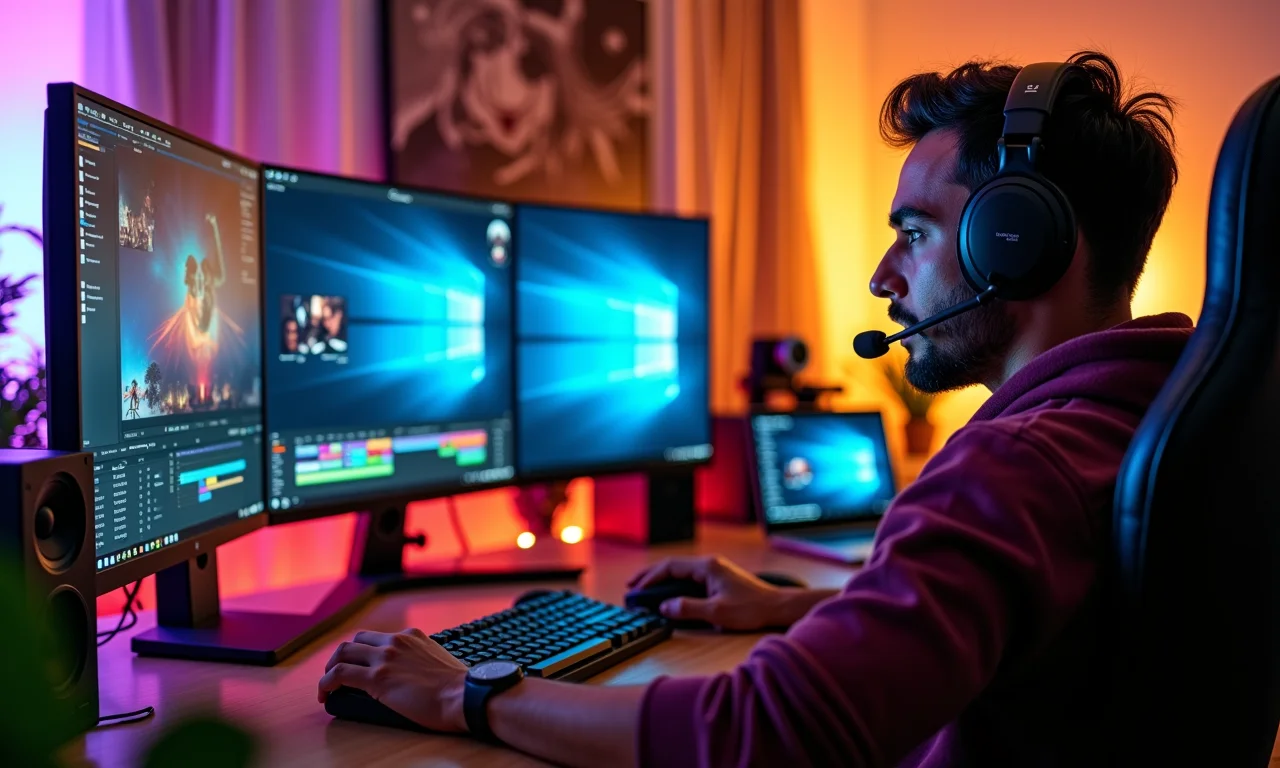 Editor de vídeo trabalhando rapidamente em um PC Intel Core i7 em um escritório vibrante.