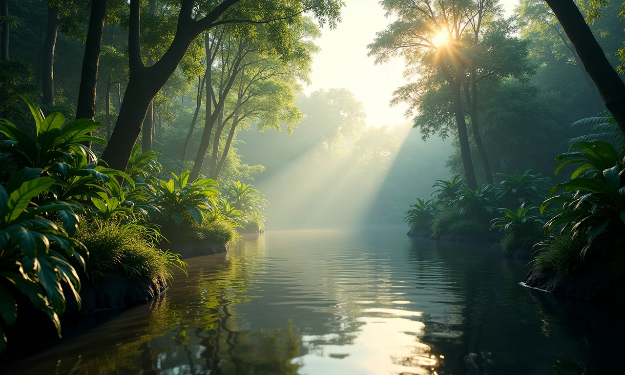 Efeitos realistas de Ray Tracing em uma floresta tropical brasileira.