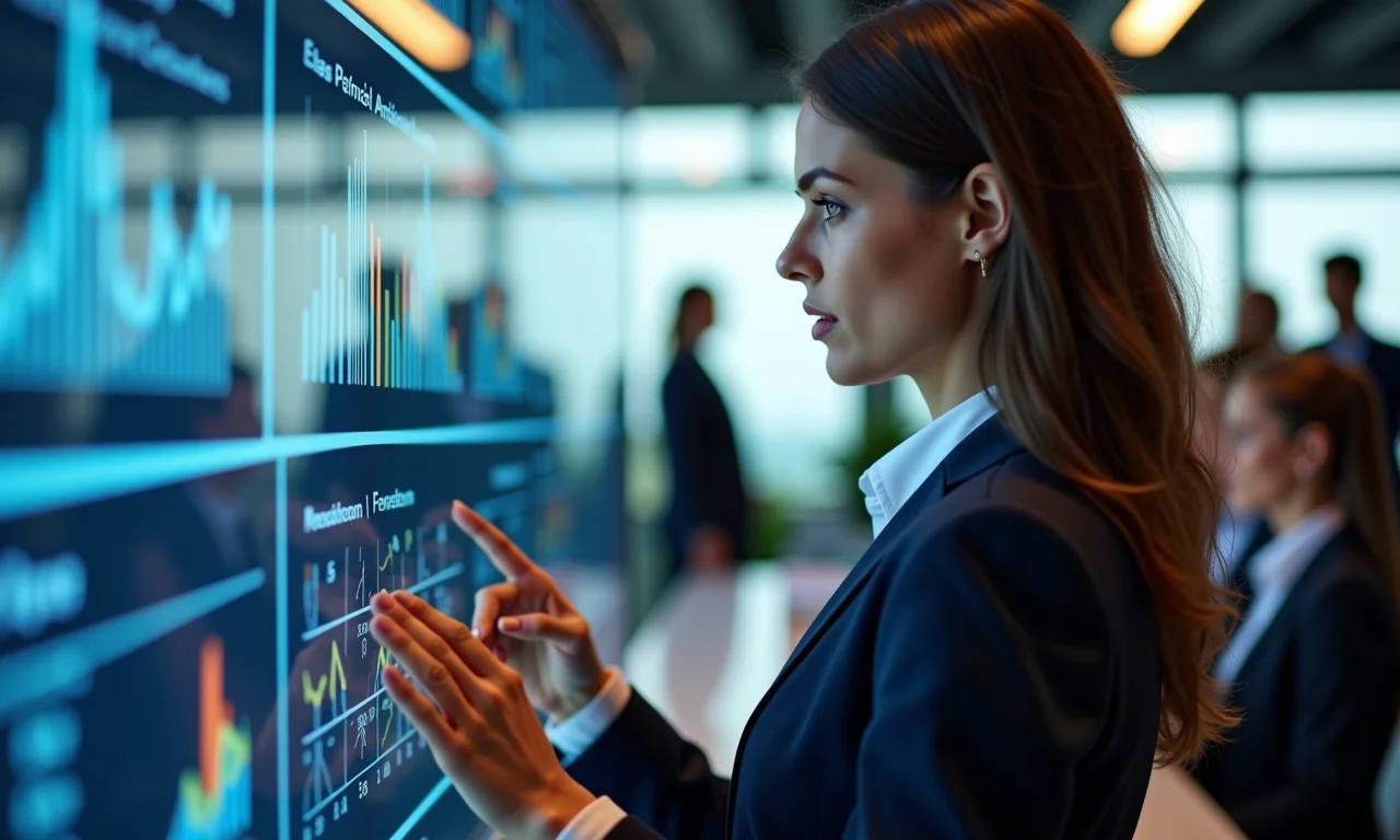 Empresária analisando painel unificado com indicadores de desempenho (KPIs).