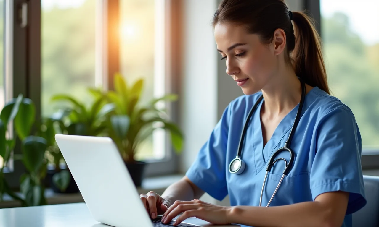 Enfermeira otimizando tempo ao atualizar prontuário eletrônico no laptop.