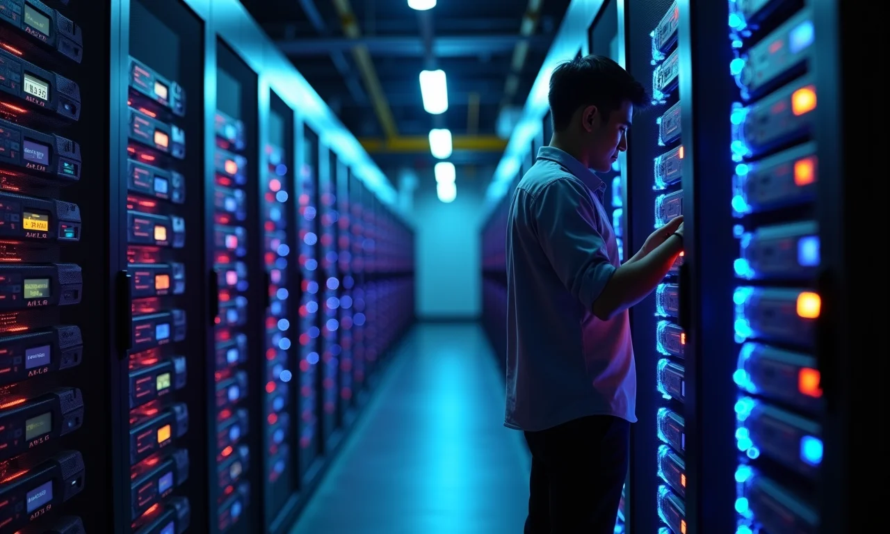 Engenheiro comemora sucesso do Teste de Turing. Servidores com luzes coloridas ao fundo.