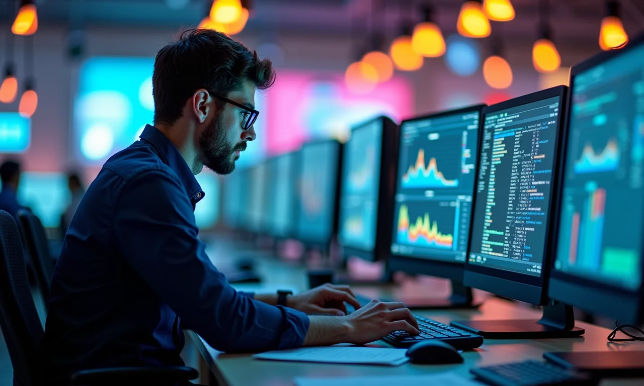 Engenheiro de dados trabalhando com Hadoop e Big Data em um escritório vibrante.