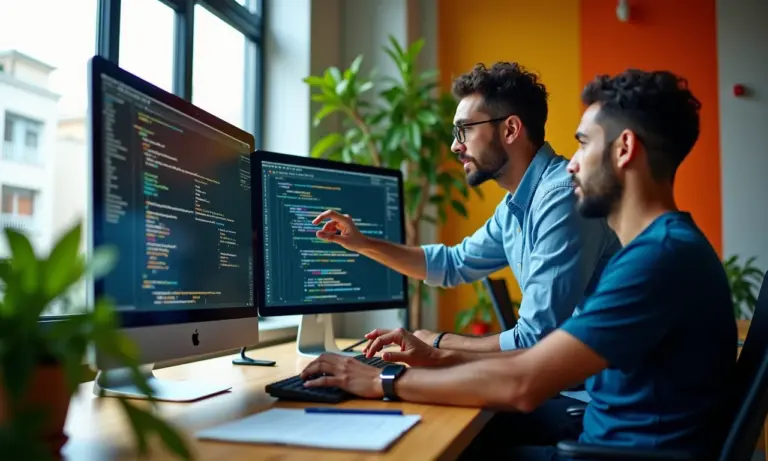 Engenheiros de software colaborando em uma revisão de código em um escritório moderno e vibrante.