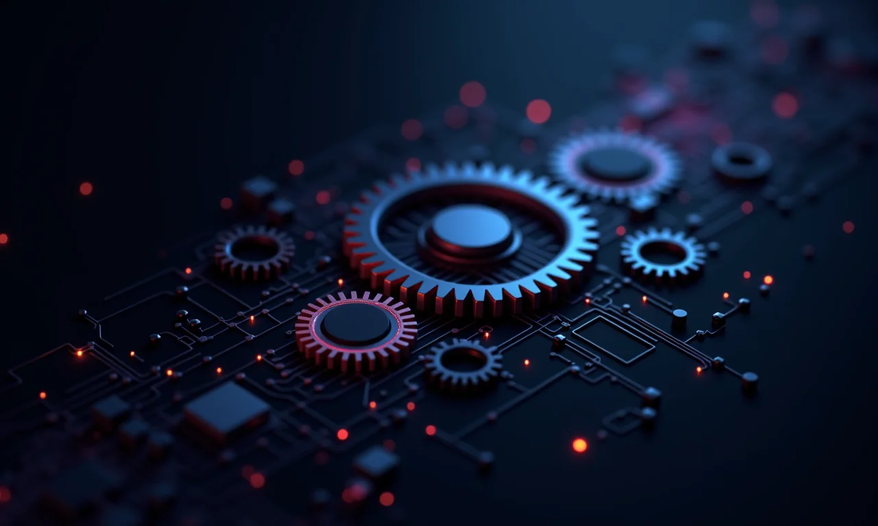 Engrenagens e microchips interconectados simbolizando a Indústria 4.0.