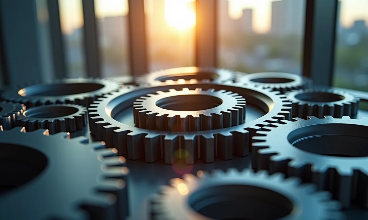 Engrenagens interligadas representando funções puras em programação funcional.