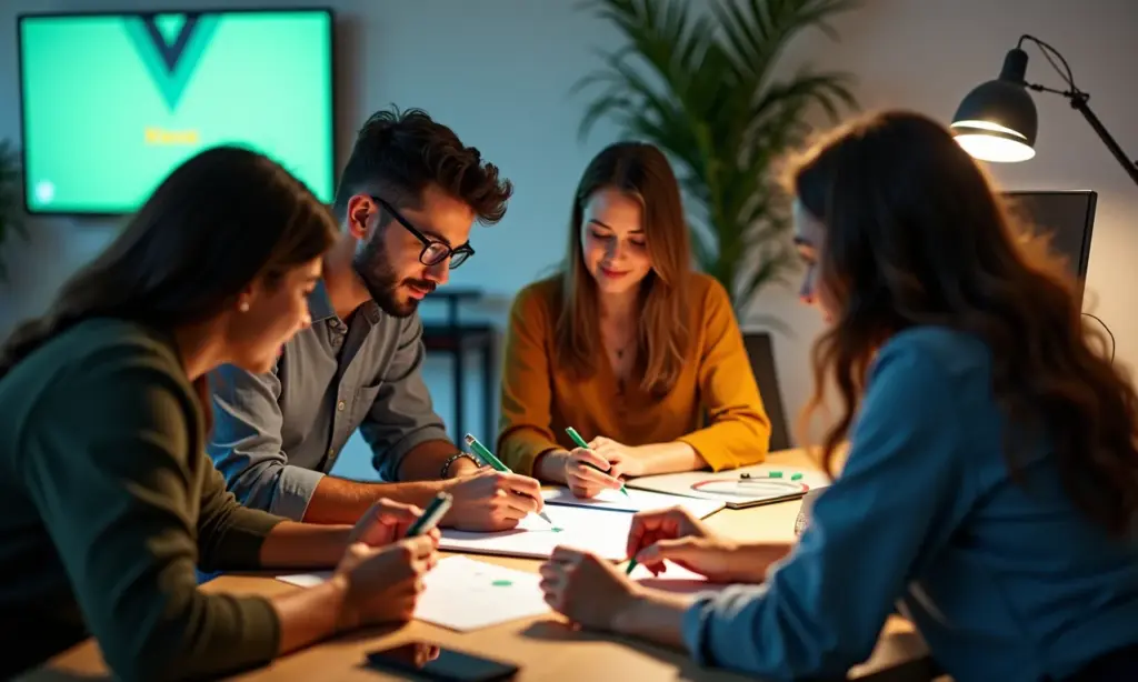 Equipe brasileira de startup de tecnologia colaborando em um projeto Vue.js com Nuxt.js.