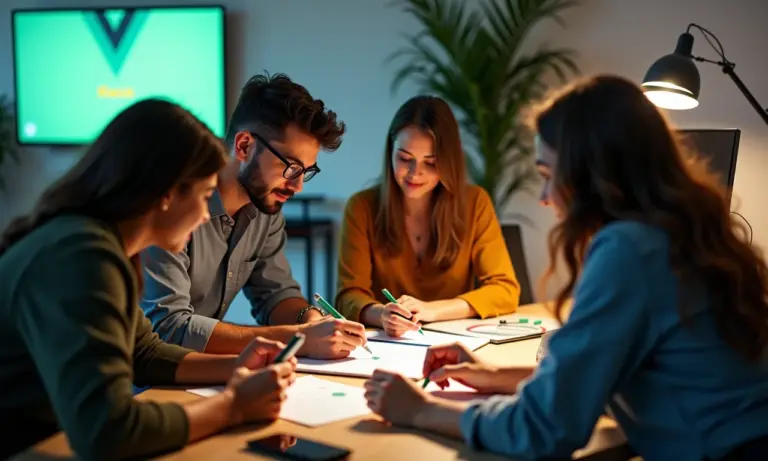 Equipe brasileira de startup de tecnologia colaborando em um projeto Vue.js com Nuxt.js.