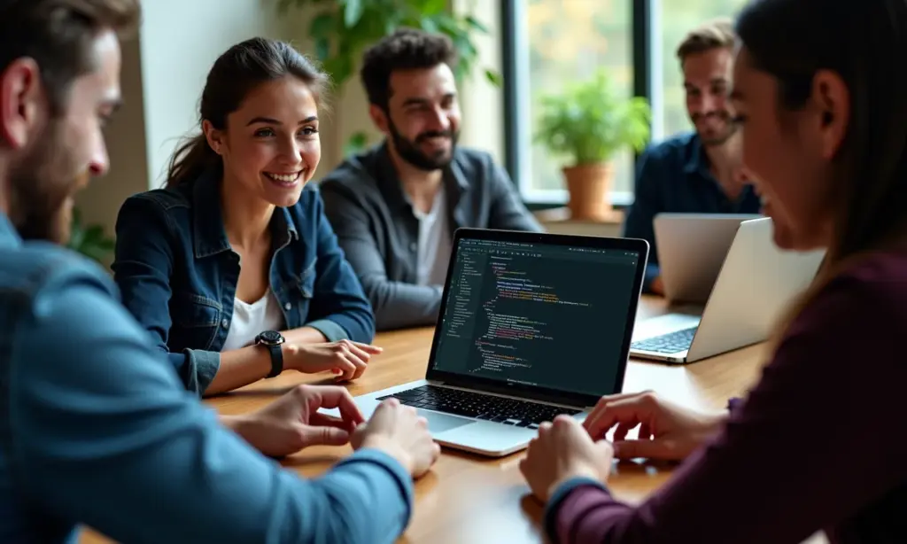 Equipe de desenvolvedores colaborando em projeto Android Studio.