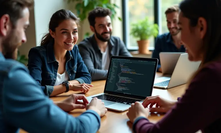 Equipe de desenvolvedores colaborando em projeto Android Studio.