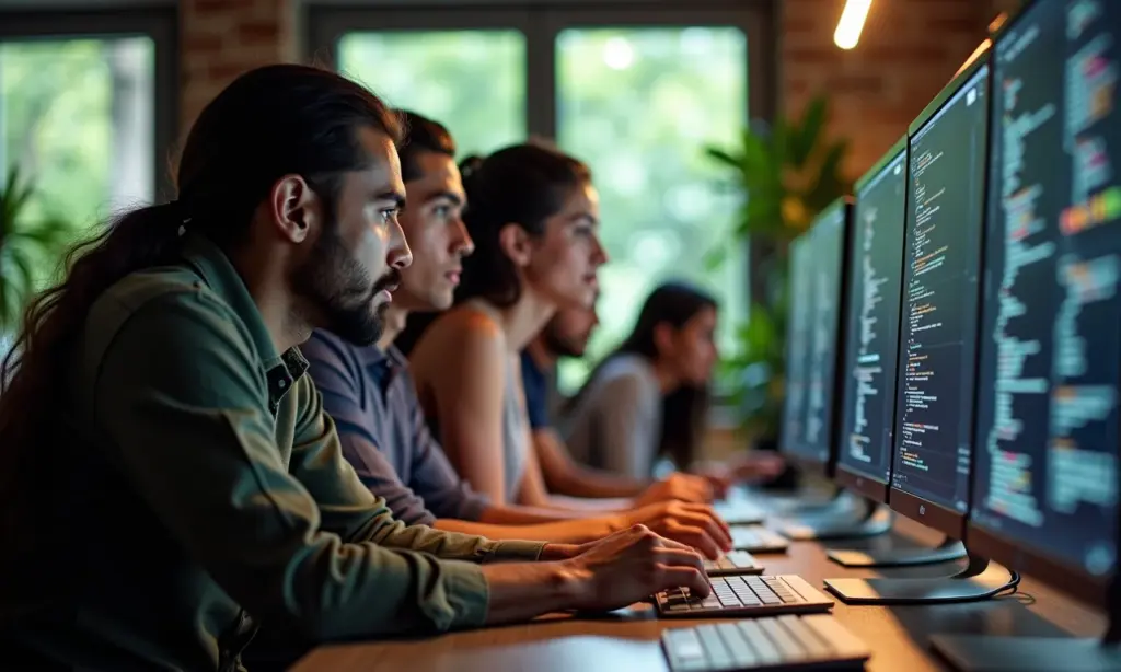 Equipe diversa colaborando em projeto de programação no GitHub.
