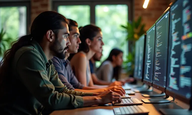 Equipe diversa colaborando em projeto de programação no GitHub.