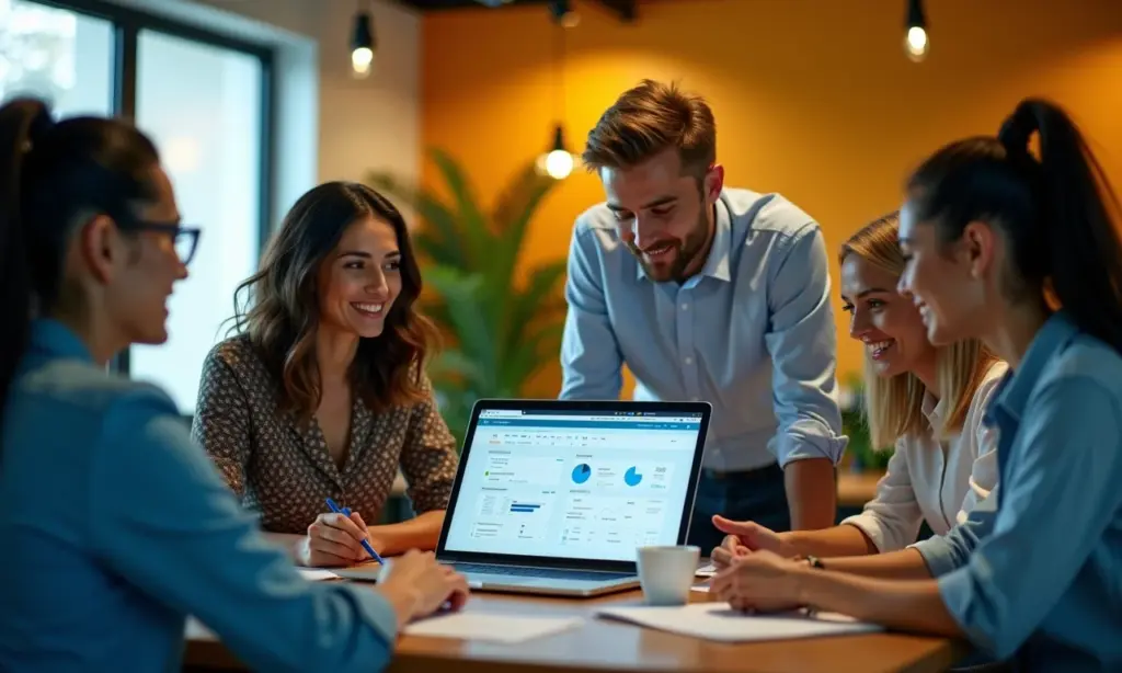 Equipe diversa colaborando em torno de interface digital de ERP, mostrando a integração e visão geral dos negócios.