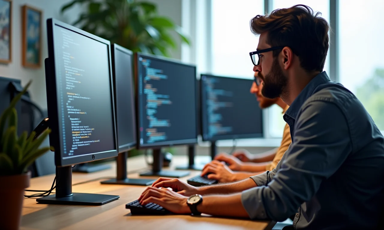 Equipe diversa colaborando na depuração de código JavaScript.