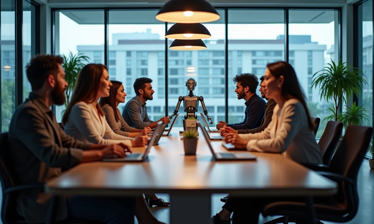 Equipe diversa discute a importância contínua do Teste de Turing na ética da IA, em escritório com design brasileiro.