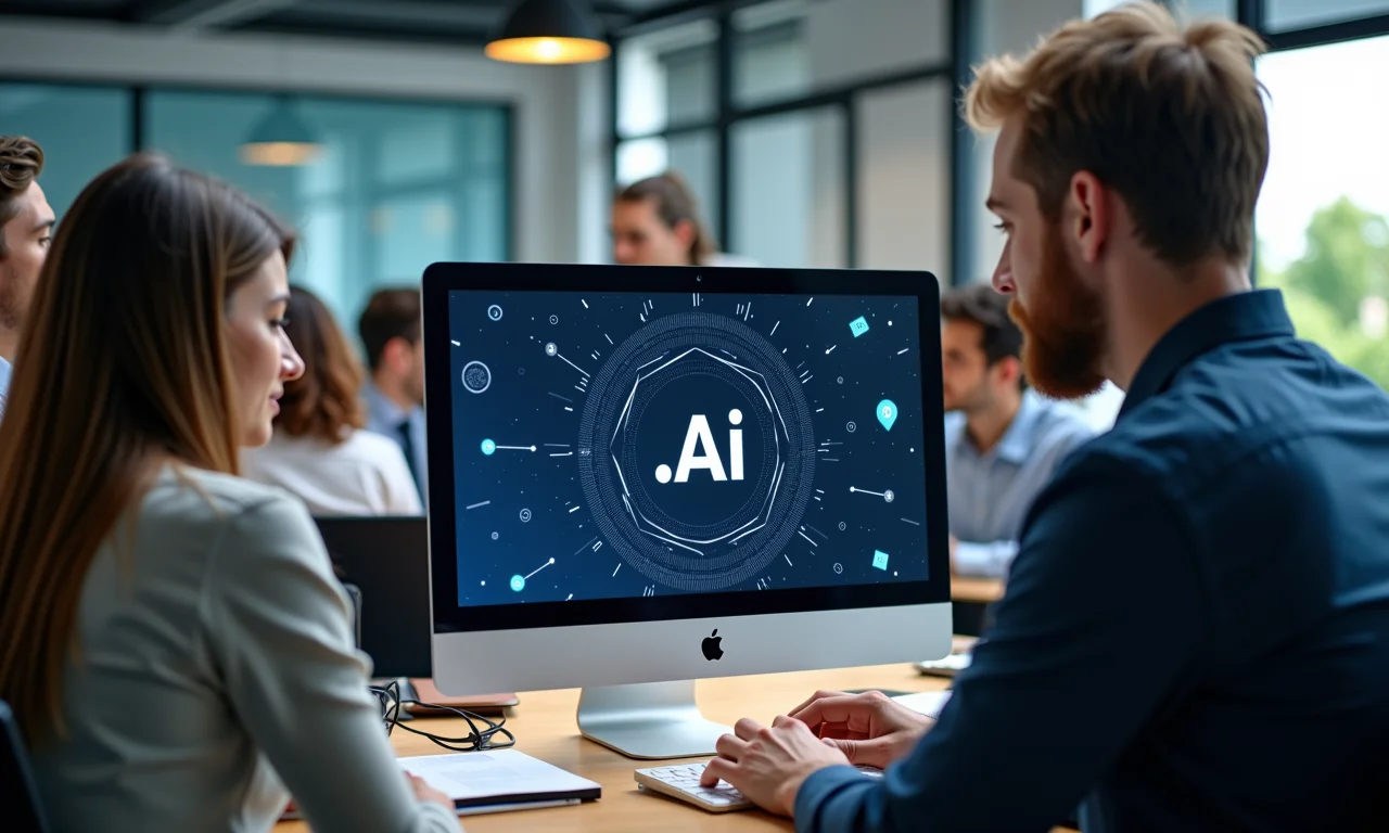 Equipe diversa trabalhando em projetos de IA com o domínio .ai em destaque.
