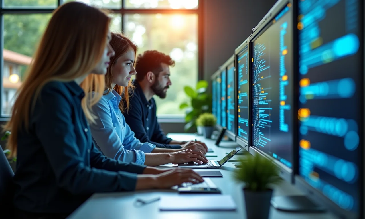 Equipe diversa trabalhando em soluções de servidor de arquivos na nuvem.