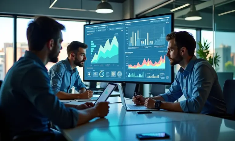 Equipe diversificada analisando painéis de dados em um escritório moderno, representando a ciência de dados.