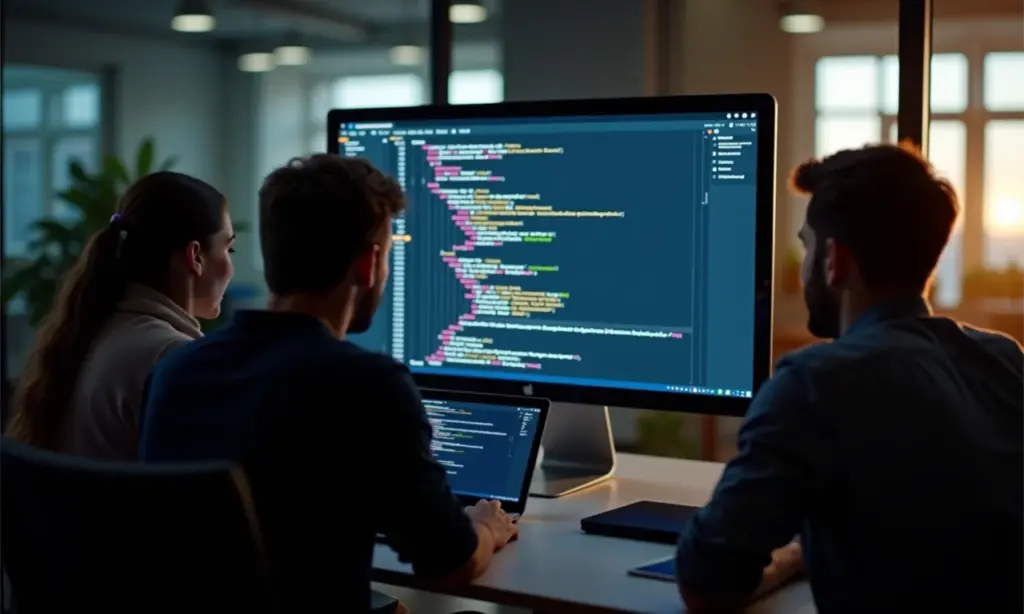 Equipe diversificada colaborando em código complexo, representando programação funcional.